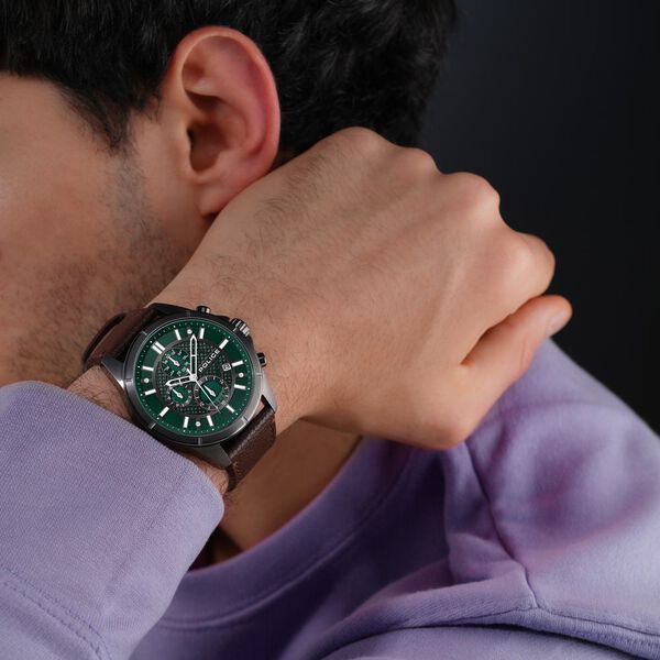 Police Chronograph Green Dial Brown Color Leather Strap Watch For Men - image number 6