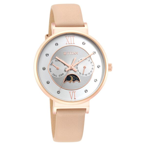 Titan Slimline Silver Dial Quartz Multifunction Leather Strap watch for Women - image number 1