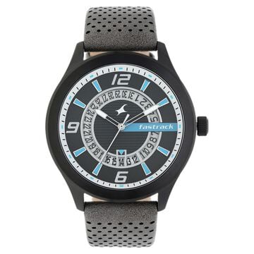 Fastrack Loopholes Quartz Analog with Date Black Dial Leather Strap Watch for Guys