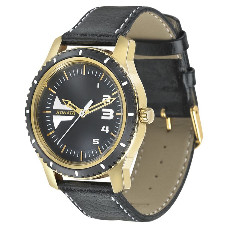Sonata Quartz Analog Black Dial Leather Strap Watch for Men