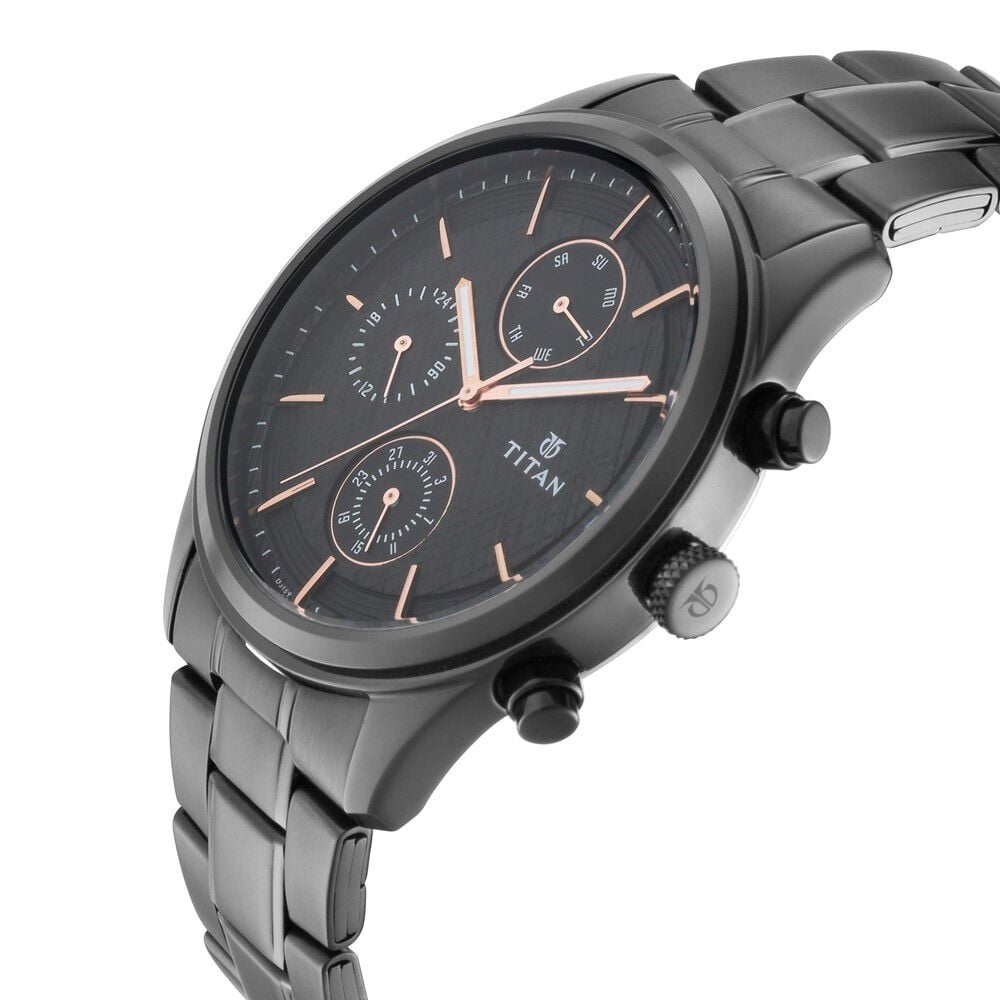 Titan Men's Metropolitan Charm: Men's Multifunctional Black Watch with  Metallic Accents