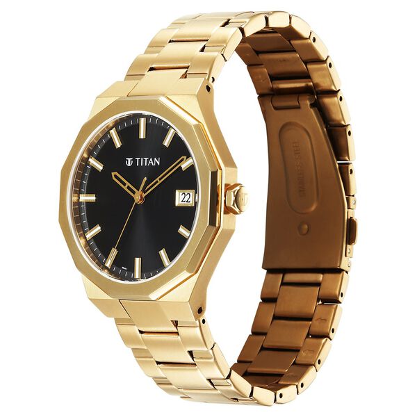 Titan Regalia Dodecagon Quartz Analog with Date Black Dial Golden Stainless Steel Strap Watch For Men - image number 4