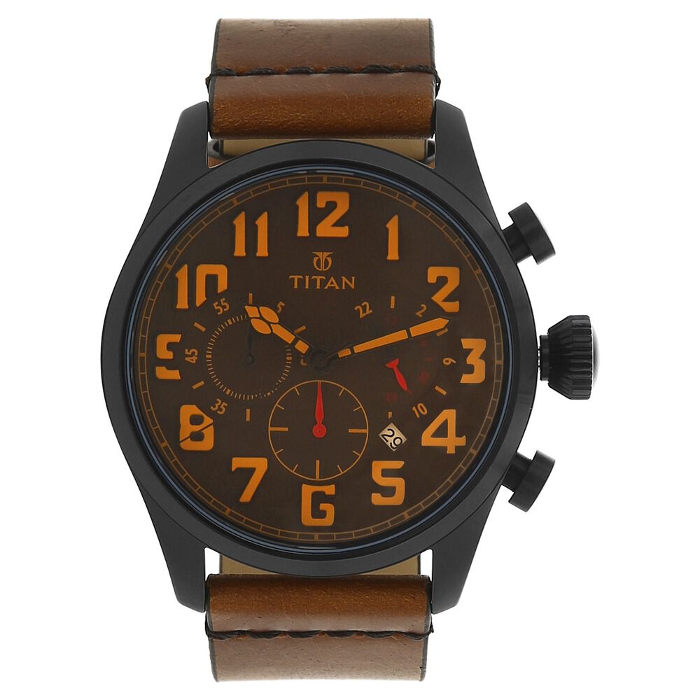 Buy Online Titan Quartz Chronograph Brown Dial Leather Strap Watch