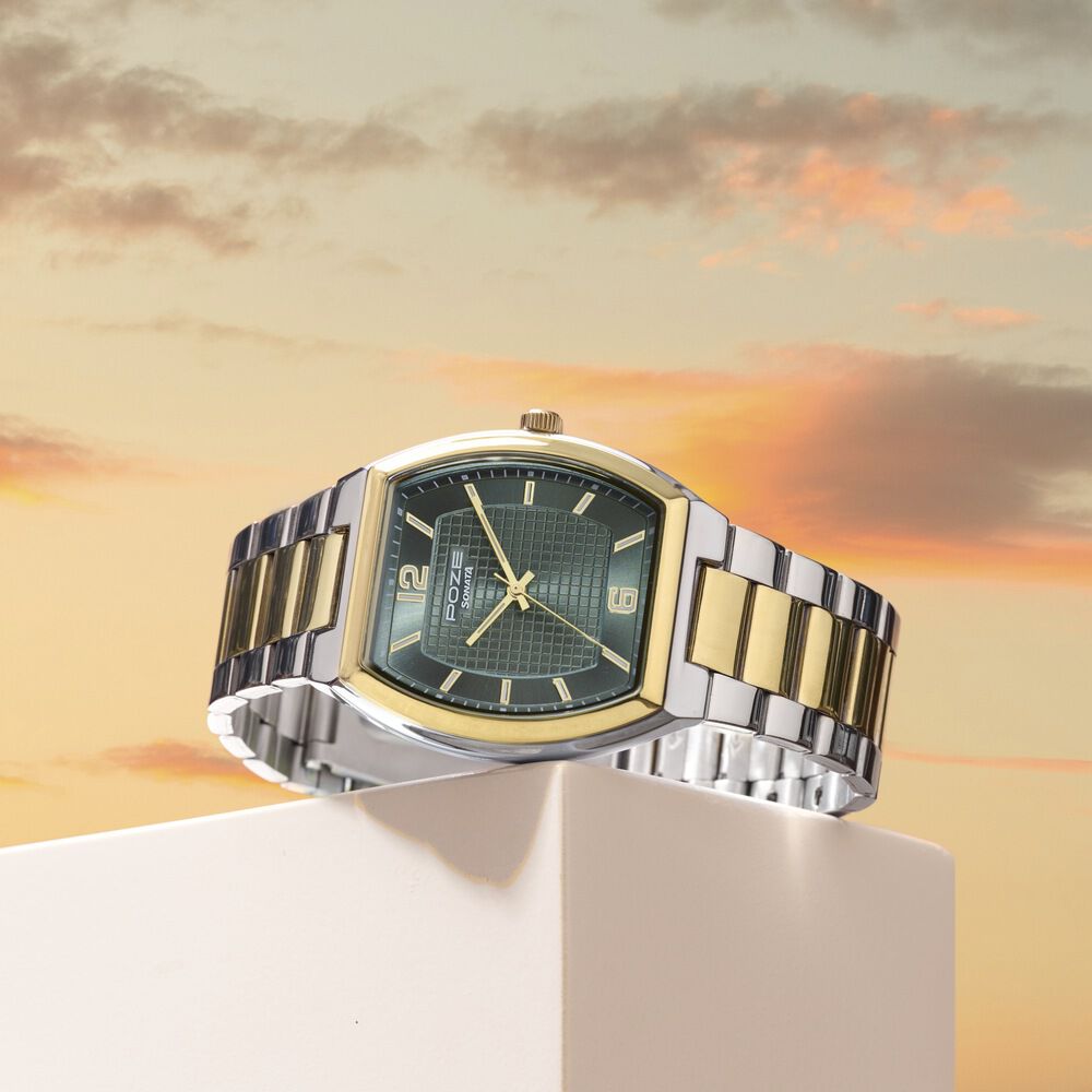 Poze By Sonata Quartz Analog Green Dial Two Toned Metal Strap Watch For Men-image-33