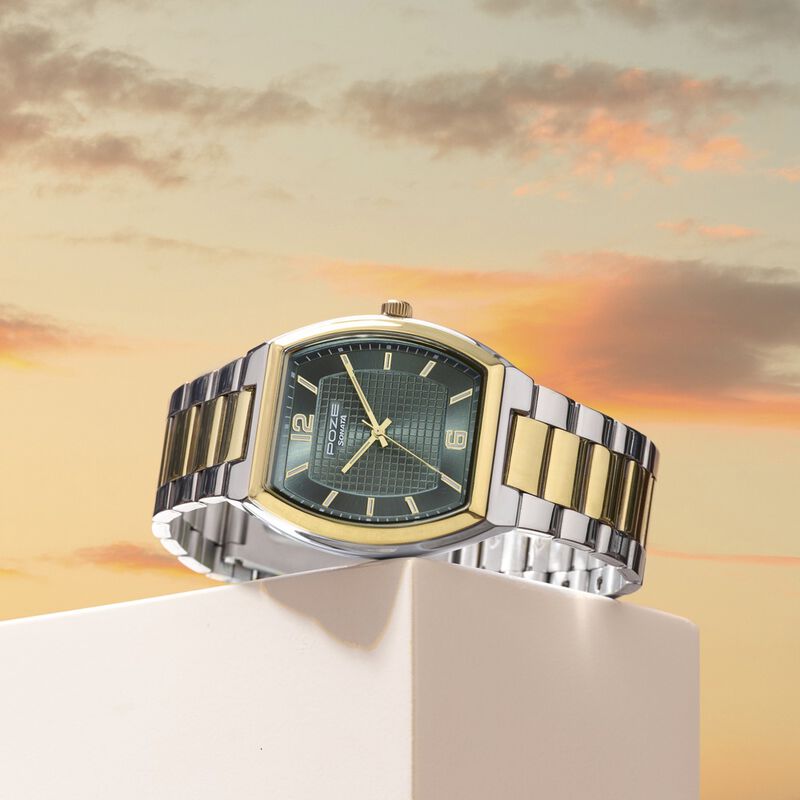 Poze By Sonata Quartz Analog Green Dial Two Toned Metal Strap Watch For Men