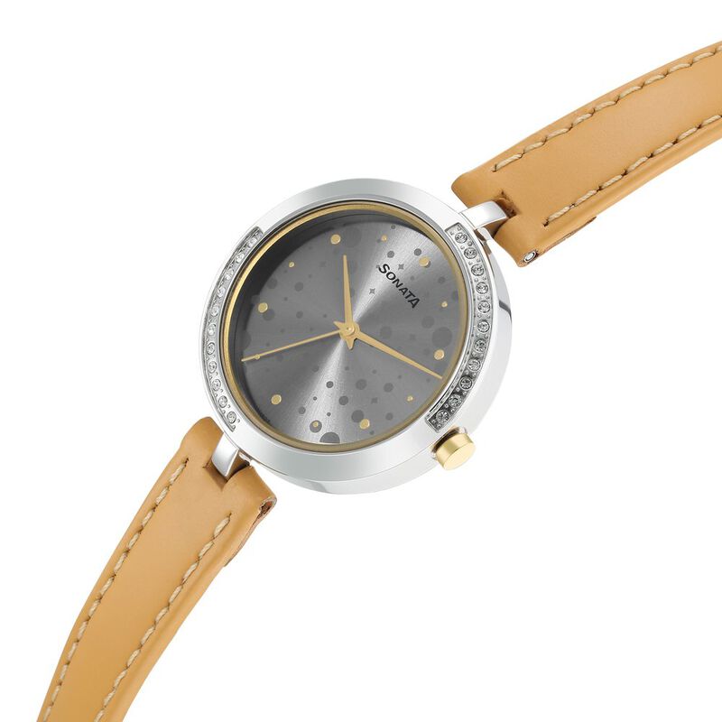 Sonata Utsav Grey Dial Peach Leather Strap Watch for Women - image number 2