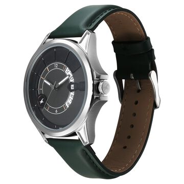 Fastrack Groove Quartz Analog with Date Grey Dial Green Leather Strap Watch For Guys