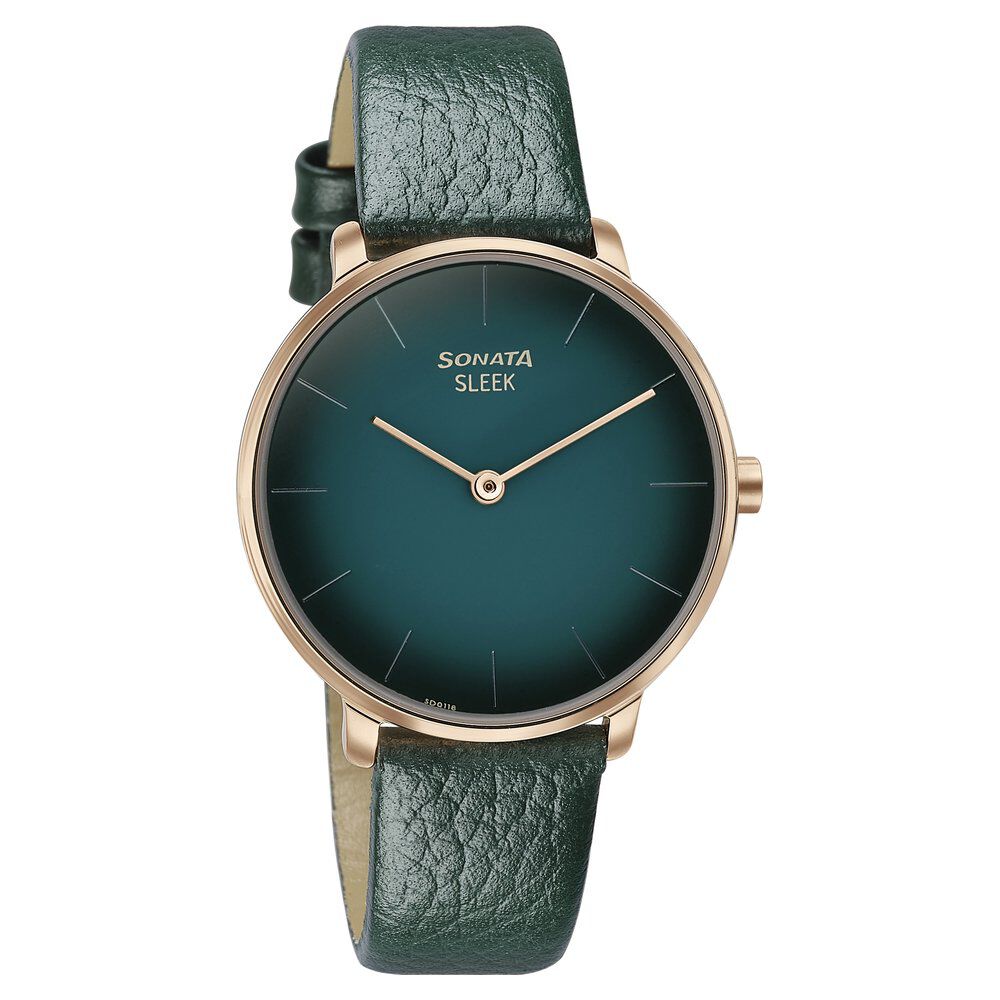 Buy Online Sonata Sleek Quartz Analog Green Dial Green Leather