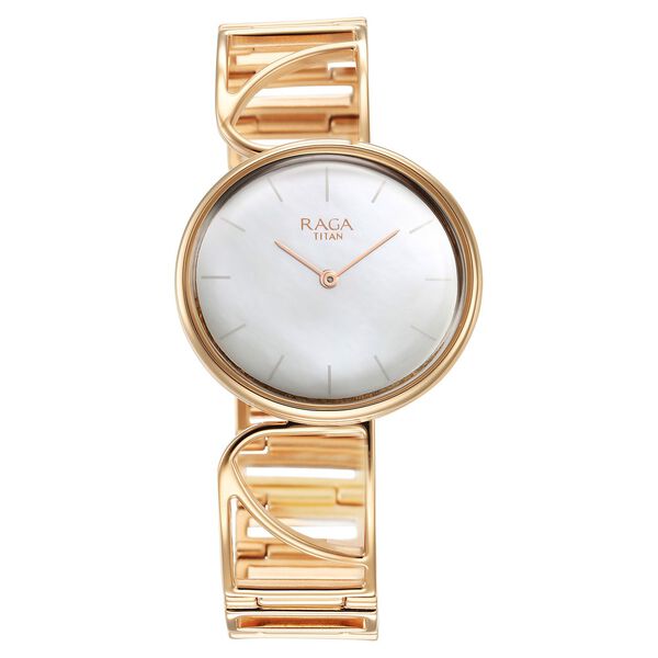 Titan Raga Power Pearls Quartz Analog Mother of Pearl Dial Rose Gold Metal Strap Oval Shaped Watch For Women - image number 1