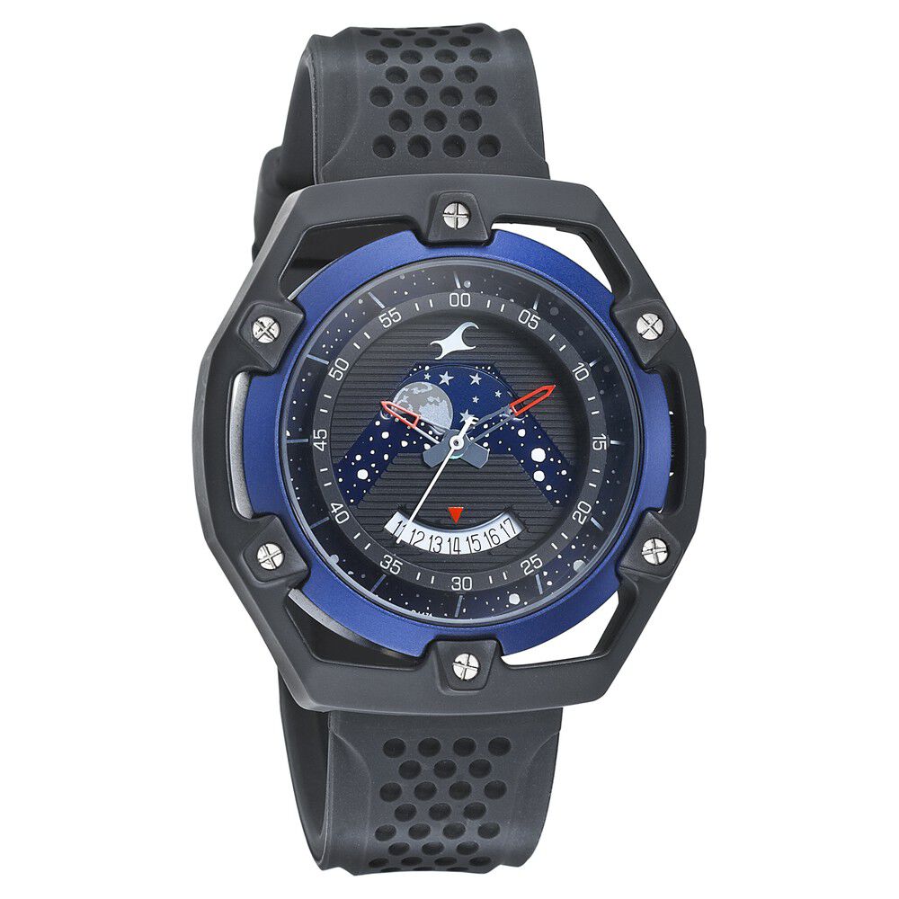 Buy Online Fastrack Space Rover Quartz Analog Moonphase Black Dial Silicone Strap Watch for Guys nm3207kp01 Titan