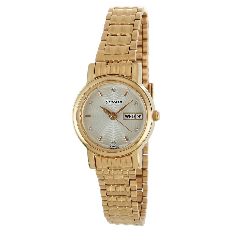 Sonata Quartz Analog with Day and Date Silver Dial Stainless Steel Strap Watch for Women