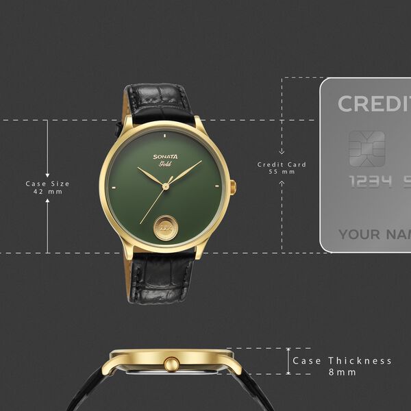 Sonata Sonata Gold Quartz Analog Sacred Forest Green With Gold Coin Dial Black Leather Strap Watch For Men - image number 3