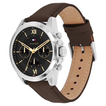 Tommy Hilfiger Quartz Multifunction Black Dial Brown Leather Strap Watch For Men