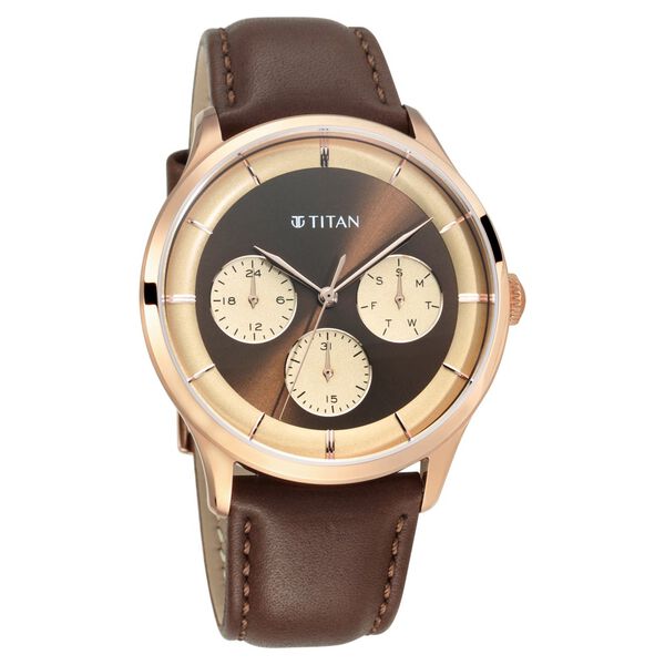 Titan Quartz Multifunction Brown Dial Leather Strap Watch for Men - image number 0