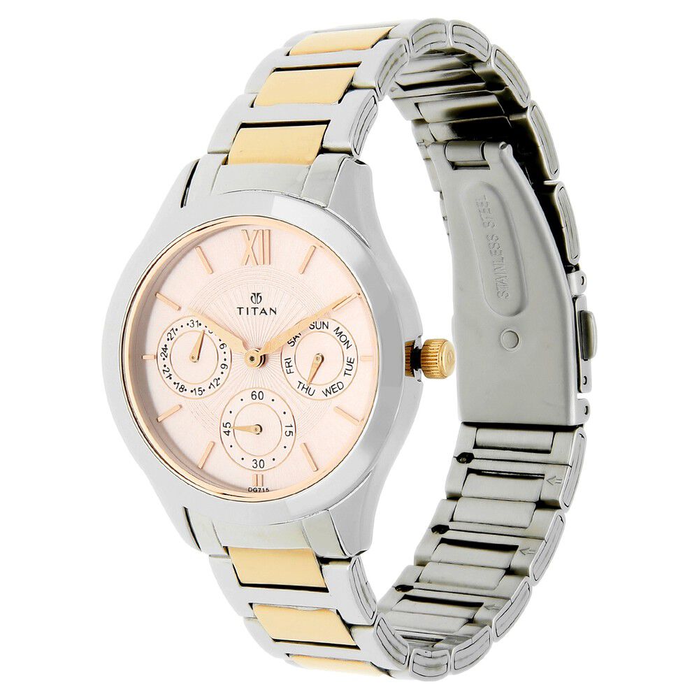Buy Online Titan Workwear Pink Dial Analog with Day and Date Stainless Steel Strap Watch for Women ns2570km01 Titan