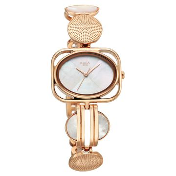 Titan Raga Power Pearls Quartz Analog Mother of Pearl Dial Rose Gold Metal Strap Rectangular Shaped Watch For Women