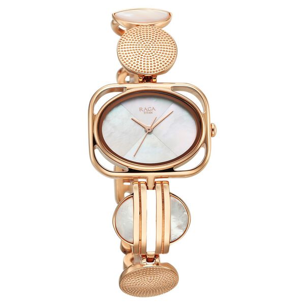 Titan Raga Power Pearls Quartz Analog Mother of Pearl Dial Rose Gold Metal Strap Rectangular Shaped Watch For Women - image number 3