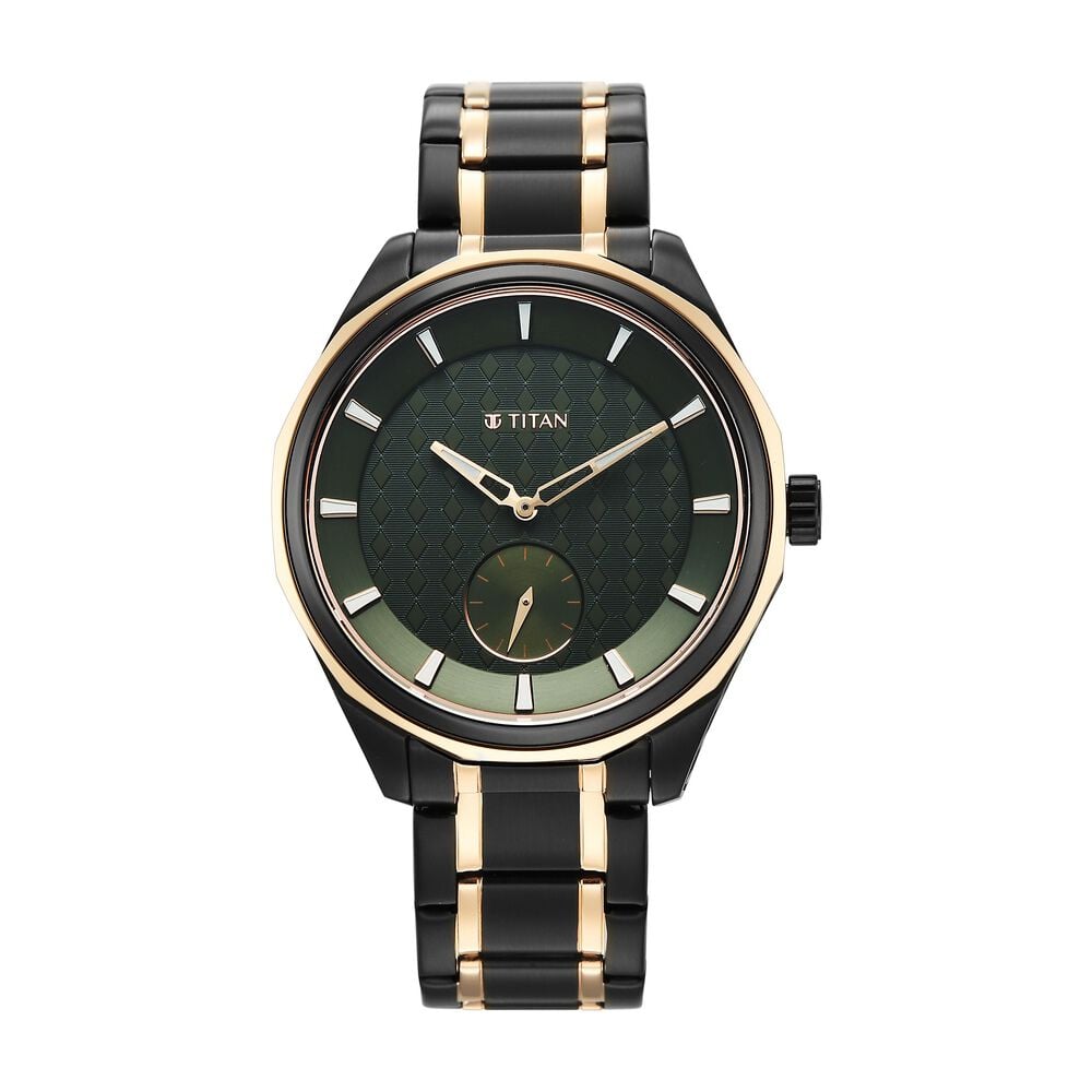 Titan Regalia Opulent Offset Second Hand Green Dial Rose Gold And Black Bimetal Strap Watch For Men-image-18