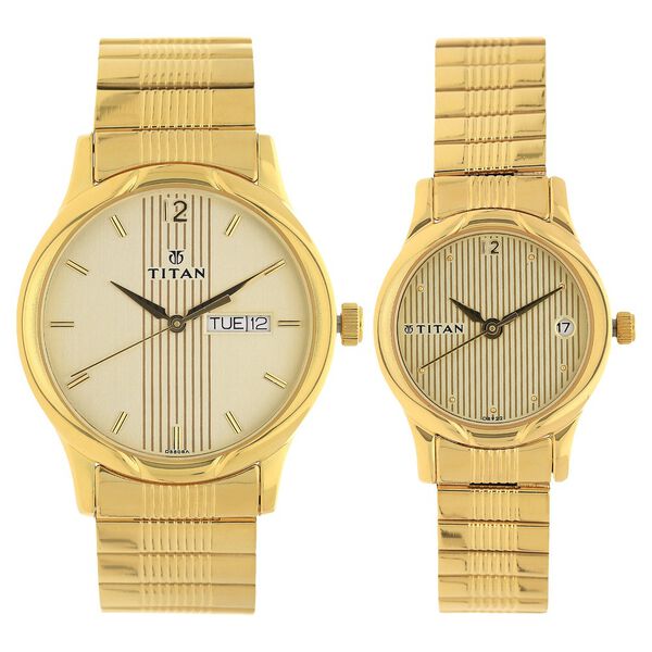 Titan Bandhan Champagne Dial Analog with Day and Date Stainless Steel Strap watch for Couple - image number 0