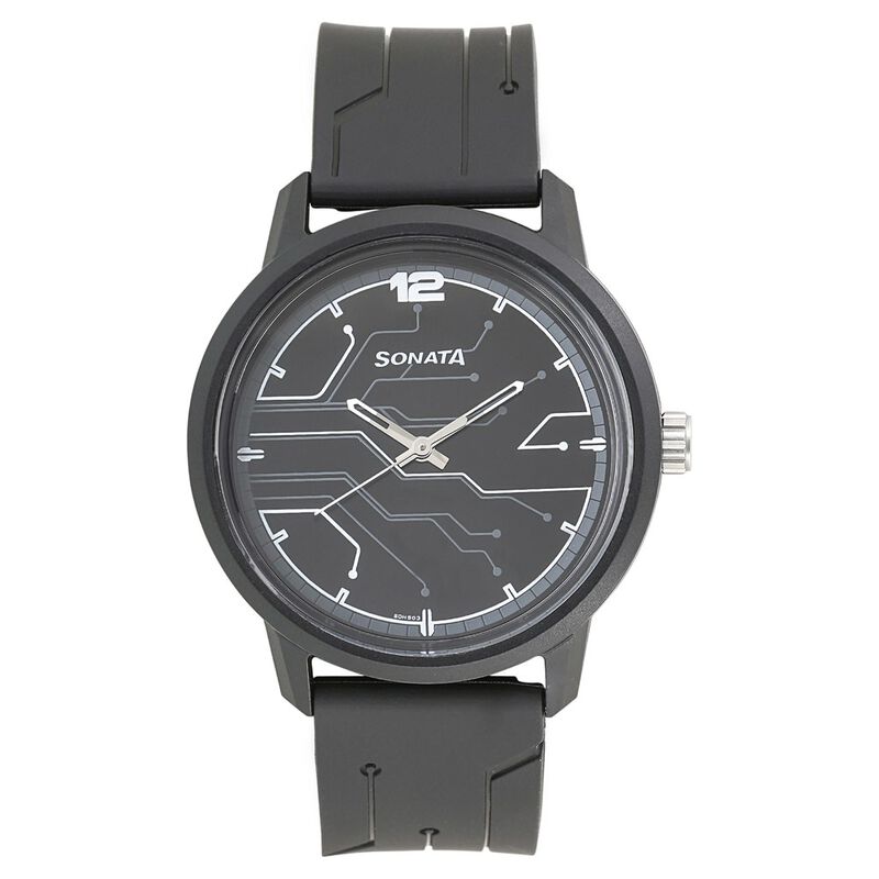 Sonata Quartz Analog Black Dial Plastic Strap Watch for Men