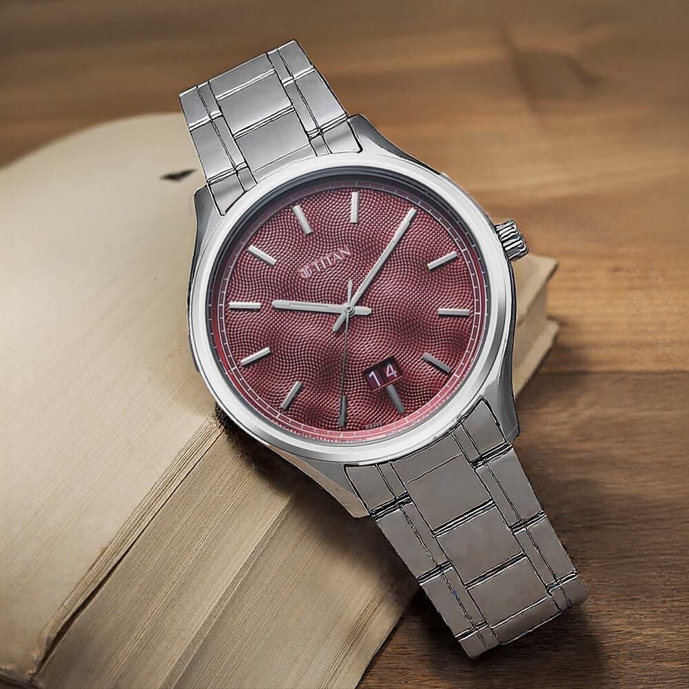 Titan Palette Of Time Quartz Analog with Date Maroon Dial Stainless Steel Strap Watch For Men-picture-15