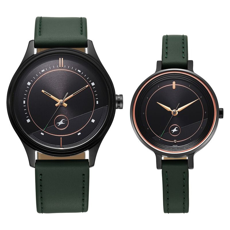 Fastrack Mixmatched Quartz Analog Black Dial Green Leather Strap Watch For Couple