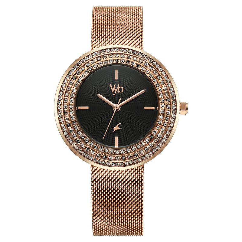 Fastrack Vyb Iconique Quartz Analog Black Dial Rose Gold Metal Strap Watch For Women