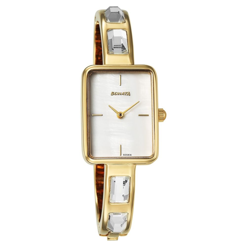 Sonata Aura Quartz Analog White Mother of Pearl Dial Golden Stainless Steel Strap Watch For Women-image-40