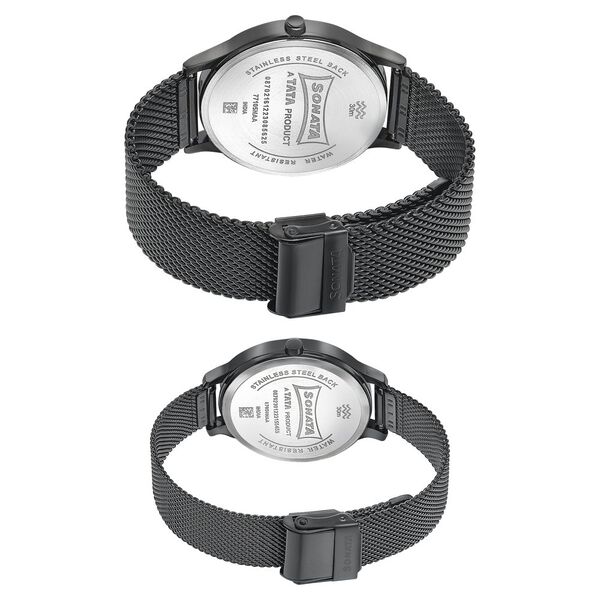 Sonata Modern Bandhan Quartz Analog Black Dial Black Stainless Steel Strap Watch For Couple - image number 4