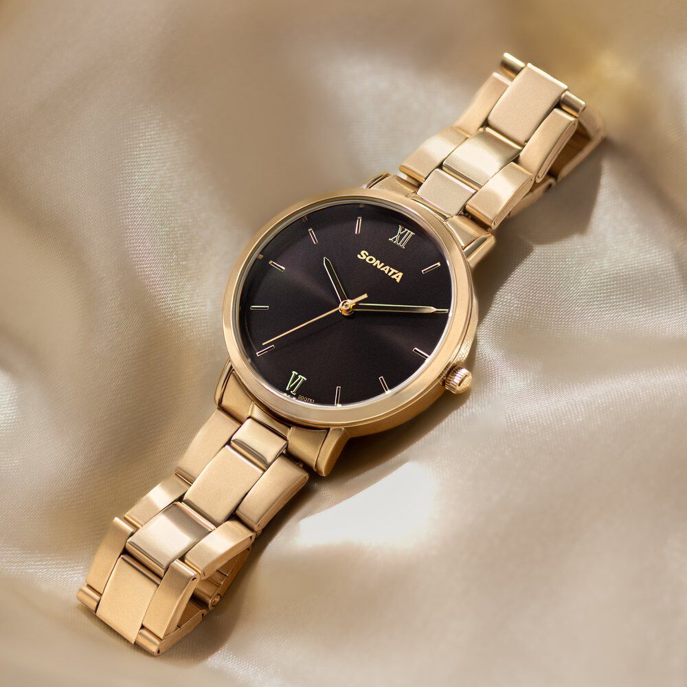 Buy Online Sonata Quartz Analog Black Dial Golden Stainless Steel Strap Watch For Women 87071ym01 Titan