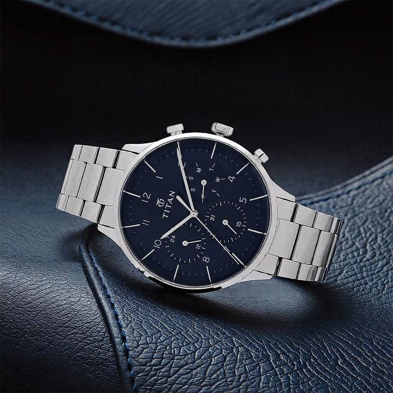 Titan Quartz Multifunction Blue Dial Stainless Steel Strap Watch for Men