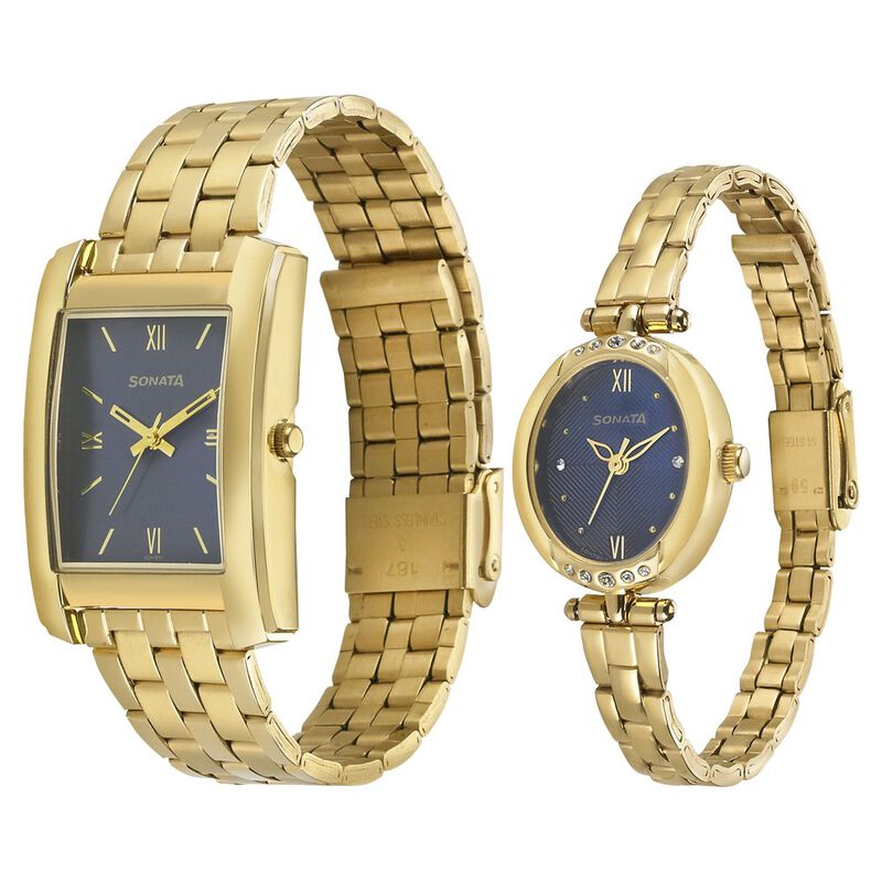 Sonata Quartz Analog Blue Dial Stainless Steel Strap Watch for Couple - image number 1