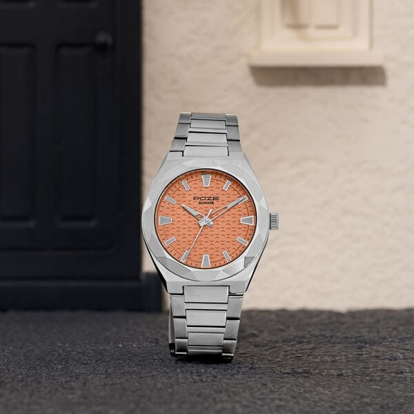 Poze Poze Quartz Analog Orange Dial Silver Metal Strap Watch For Men - image number 0