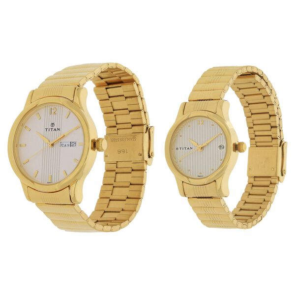 Titan Quartz Analog with Day and Date White Dial Metal Strap Watch for Couple - image number 1