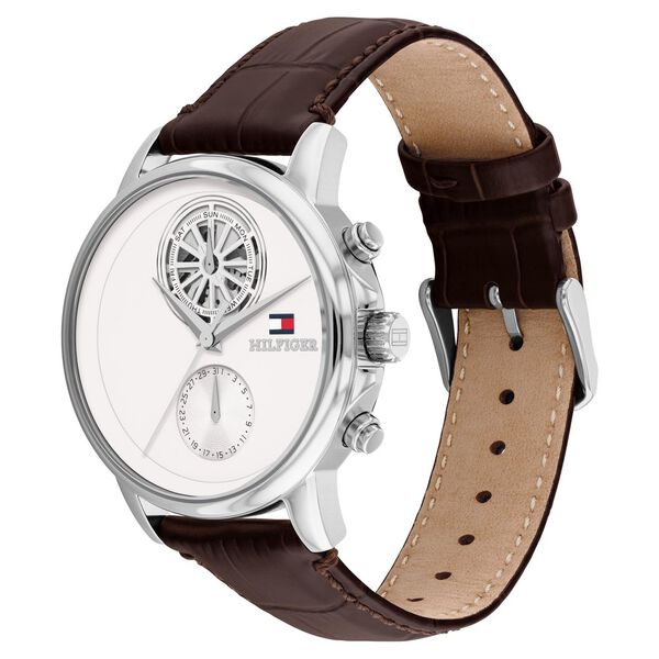 Tommy Hilfiger Quartz Multifunction White Dial Brown Leather Strap Watch For Men - image number 1