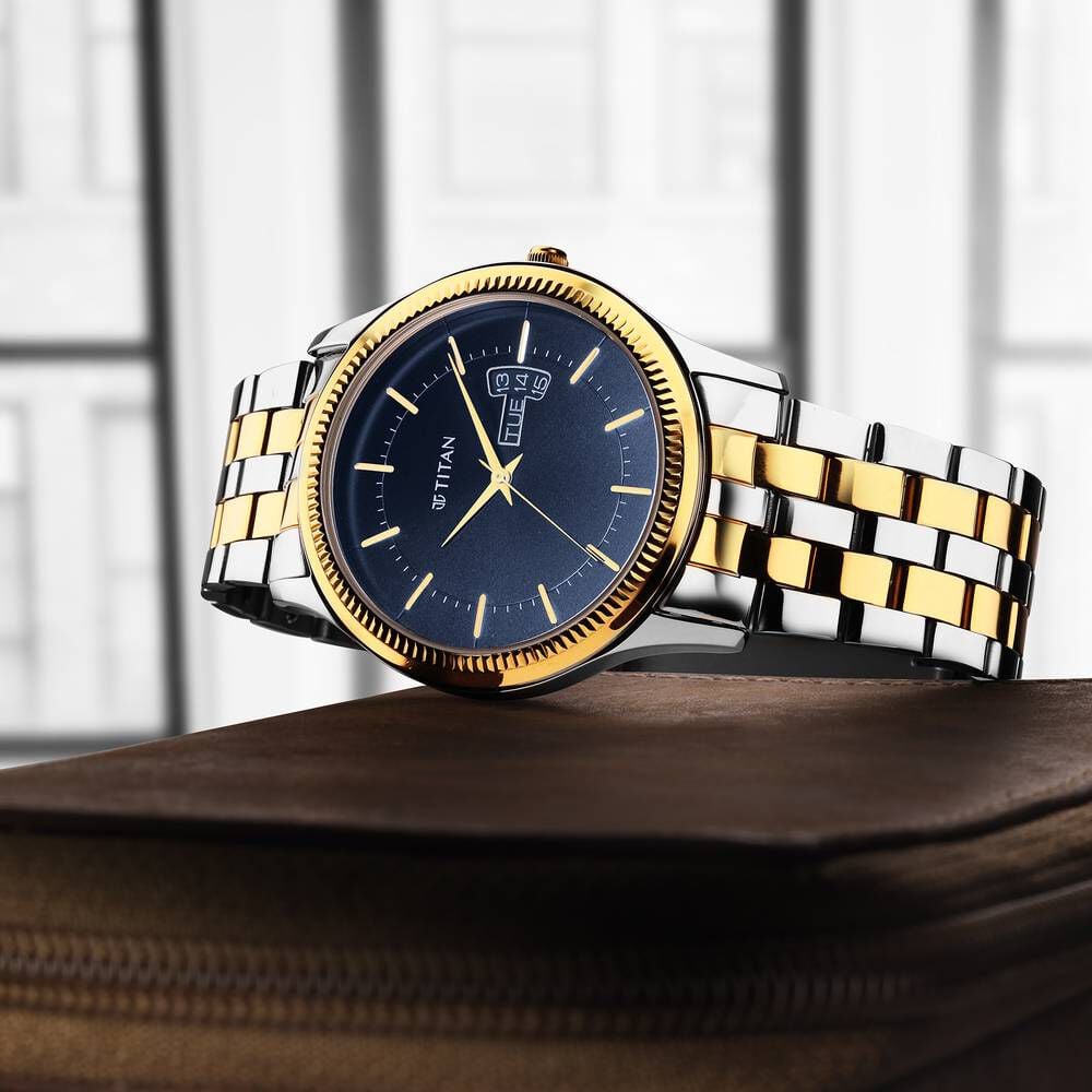 Buy Online Titan Men s Trendsetter Watch Chic Blue Dial Two Tone Strap 1824bm03 Titan