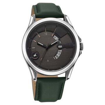 Fastrack Groove Quartz Analog with Date Grey Dial Green Leather Strap Watch For Guys