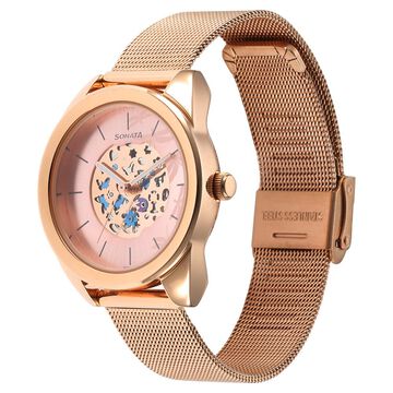 Sonata Unveil Quartz Multifunction Pink Dial Stainless Steel Strap Watch for Women