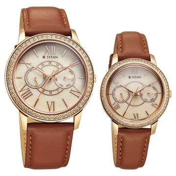 Titan Royal Bandhan Quartz Analog with Day and Date Pink Dial Brown Strap Watch For Couple