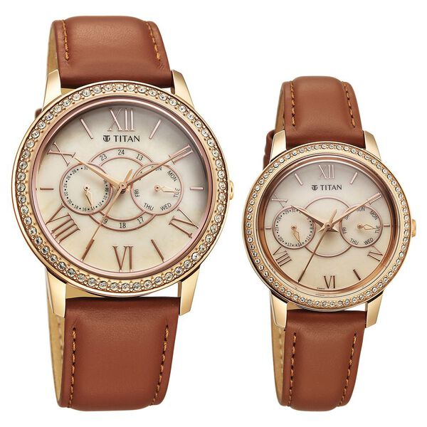 Titan Royal Bandhan Quartz Analog with Day and Date Pink Dial Brown Strap Watch For Couple - image number 1