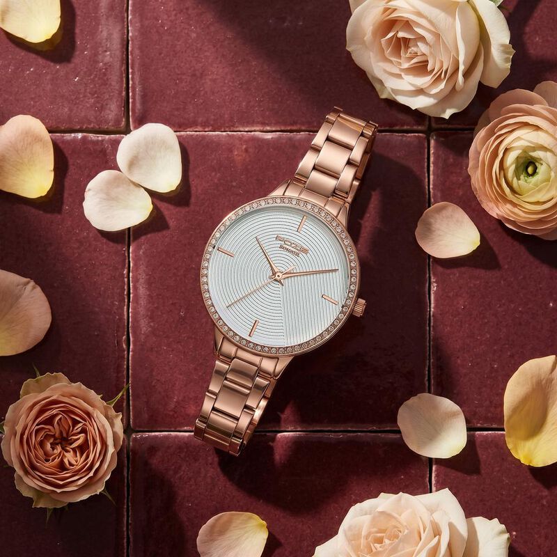 Poze By Sonata Quartz Analog White Dial Rose Gold Stainless Steel Strap Watch For Women