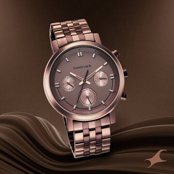 Fastrack Tick Tock Quartz Multifunction Brown Dial Metal Strap Watch for Guys