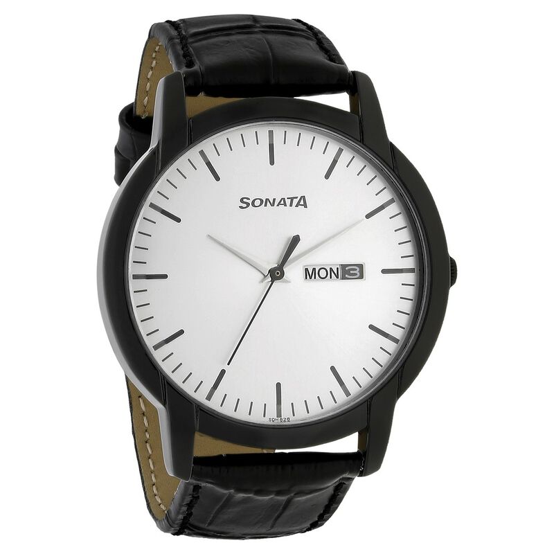Sonata Quartz Analog with Day and Date Silver Dial Leather Strap Watch for Men - image number 1