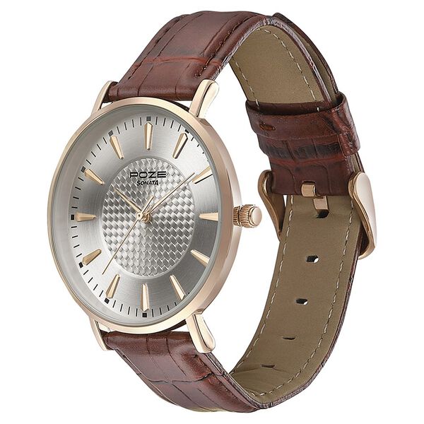 Sonata Poze Quartz Analog Silver Dial Tan Leather Strap Watch For Men - image number 3
