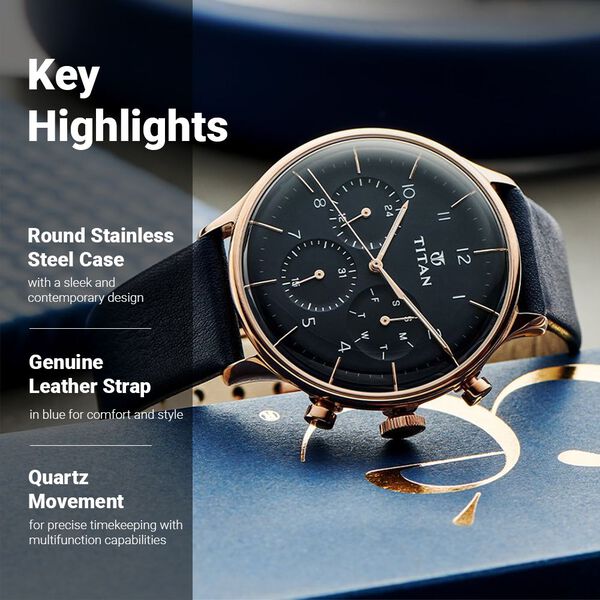Titan Quartz Multifunction Blue Dial Leather Strap Watch for Men - image number 2