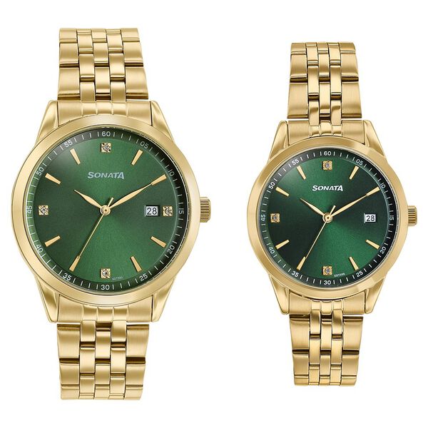 Sonata Jashn Quartz Analog Green Dial Golden Metal Strap Watch For Couple - image number 0
