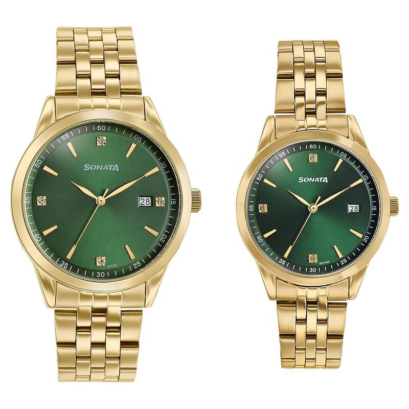 Sonata Jashn Quartz Analog Green Dial Golden Metal Strap Watch For Couple