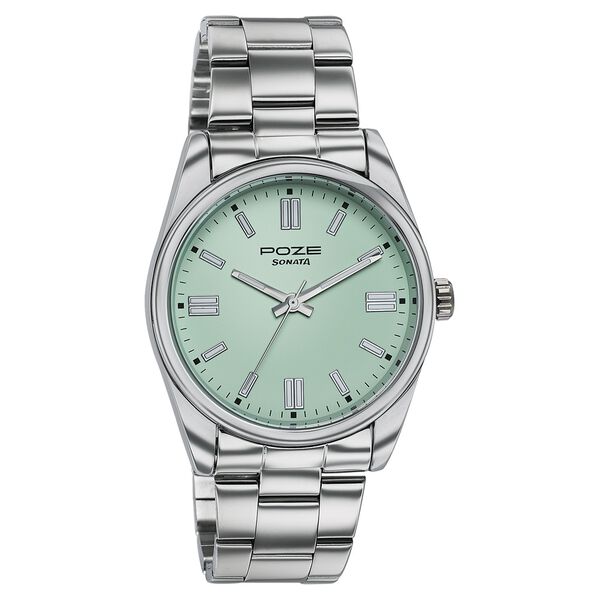 Poze Poze Quartz Analog Green Dial Silver Metal Strap Watch For Men - image number 2