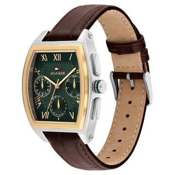 Tommy Hilfiger Quartz Multifunction Green Dial Brown Leather Strap Watch For Men