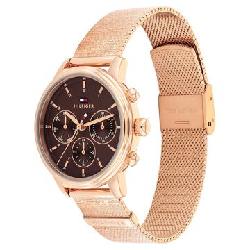 Tommy Hilfiger Quartz Multifunction Brown Dial Rose Gold Stainless Steel Strap Watch For Women